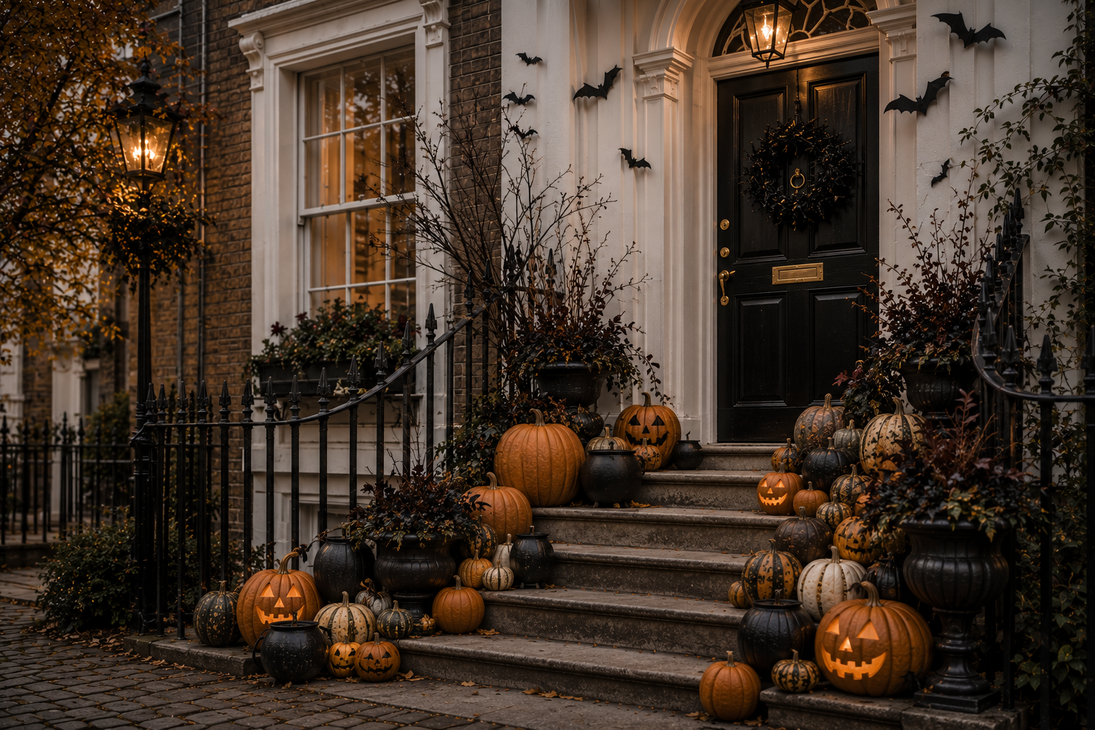 Classic Halloween pumpkin entrance arrangement