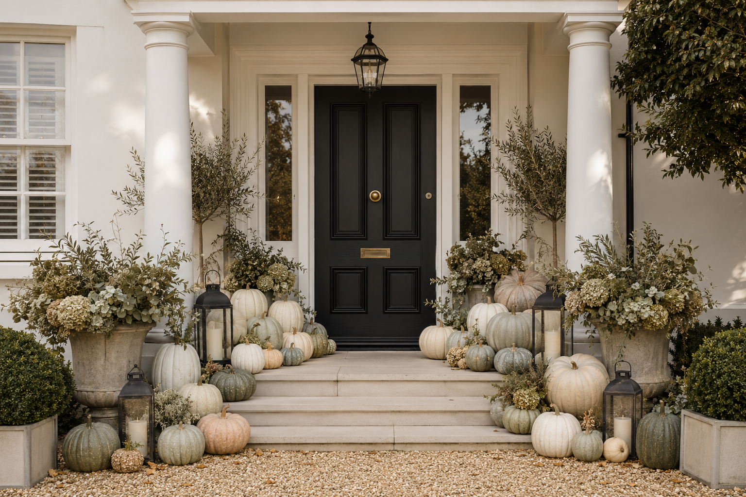 Neutral Luxe pumpkin entrance arrangement